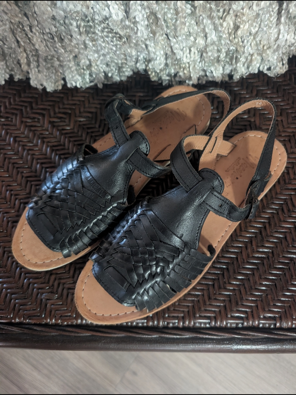 Black Woven Leather Huarache  Sandals
